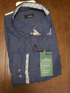 Tudors Classic Fit Navy Dress Shirt with Contrast Trim